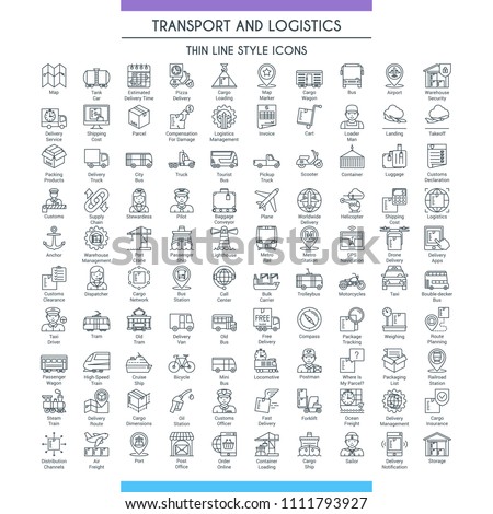 Transport and logistic big icons set. Modern icons on theme delivery, packaging, navigation and transportation. Thin line design icons collection. Vector illustration