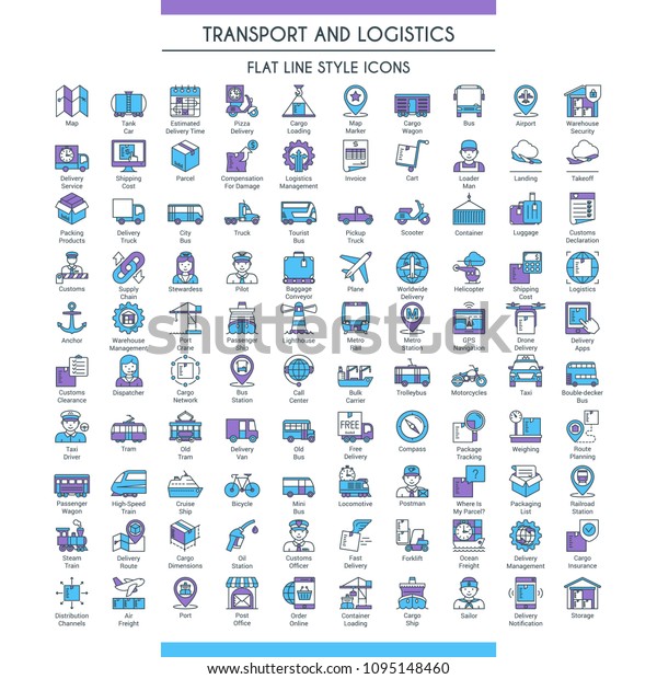 Transport and logistic\
big icons set. Modern icons on theme delivery, packaging,\
navigation and transportation. Flat line design icons collection.\
Vector illustration