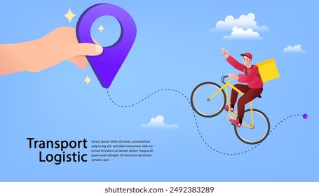 Transport logistic. Hand holding location pin. Contemporary art with position element. Delivery route. Travel way and find trip. GPS point navigation. delivery man and mobile online map navigation.