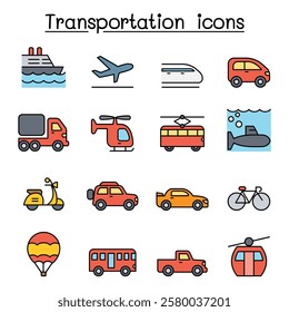 Transport and Logistic icon set in color line style