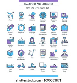 Transport and logistic icons set. Modern icons on theme delivery, packaging, navigation and transportation. Flat line design icons collection. Vector illustration