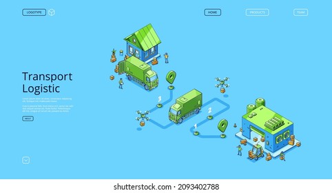 Transport logistic isometric landing page, distribution , truck delivery service. Van and quadcopter with freight riding route with gps navigator pins shipping goods, 3d vector line art web banner