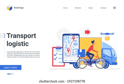 Transport logistic service vector illustration. Cartoon online cargo tracking delivery transportation app on big smartphone screen, truck, drone and courier cyclist delivering parcel box landing page