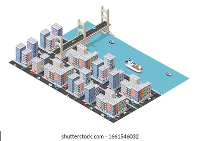 Transport Logistics 3D Isometric City illustrated template infographics industrial infrastructure in conceptual illustration