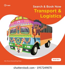 Transport and logistics banner design. Truck driver is waving hand from the truck. Vector graphic illustration.