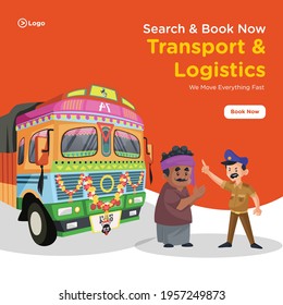 Transport and logistics banner design. Truck driver apologizing to a policeman. Vector graphic illustration.