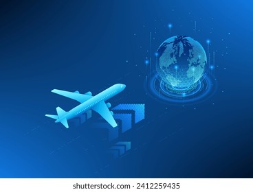 Transport and logistics business technology, airplane above arrow Pointing to the globe, concept of cargo aviation Using technology to help manage the transportation system, Isometric image