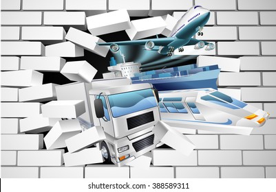 A transport logistics cargo export concept of a train, cargo container ship, plane and truck bursting through a white brick wall