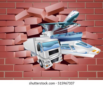 A transport logistics cargo export concept of a train, cargo container ship, plane and truck breaking through a red brick wall