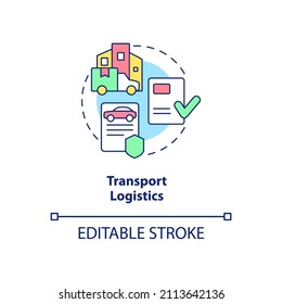 Transport logistics concept icon. Shipping and delivery. Export business tips abstract idea thin line illustration. Isolated outline drawing. Editable stroke. Arial, Myriad Pro-Bold fonts used