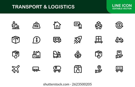 Transport Logistics Delivery and Cargo Icon Collection. Modern Shipping, Freight, Supply Chain, and Distribution Vector Illustrations