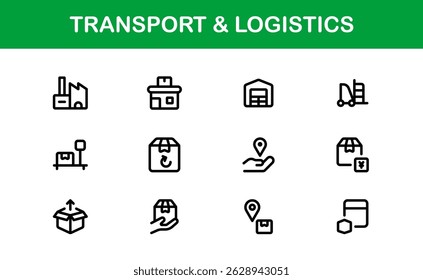 Transport Logistics Delivery and Cargo Icon Collection. Modern Shipping, Freight, Supply Chain, and Distribution Vector Illustrations