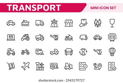 Colección de iconos de transporte y logística. Iconos de alta calidad para envío, entrega, carga, gestión de flotas, manejo de carga y optimización de la cadena de suministro