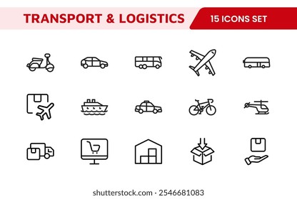 Coleção de Ícones de Transporte e Logística. Ícones de alta qualidade para transporte, entrega, frete, gerenciamento de frota, manuseio de carga e otimização da cadeia de fornecimento