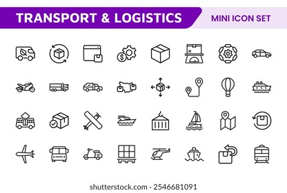Transport and Logistics Icon Collection. High-Quality Icons for Shipping, Delivery, Freight, Fleet Management, Cargo Handling, and Supply Chain Optimization