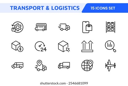 Icon-Sammlung Transport und Logistik. Hochwertige Icons für Versand, Lieferung, Fracht, Flottenmanagement, Frachtumschlag und Supply Chain Optimierung