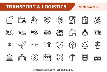 Coleção de Ícones de Transporte e Logística. Ícones de alta qualidade para transporte, entrega, frete, gerenciamento de frota, manuseio de carga e otimização da cadeia de fornecimento