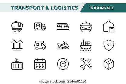 Transport and Logistics Icon Collection. High-Quality Icons for Shipping, Delivery, Freight, Fleet Management, Cargo Handling, and Supply Chain Optimization