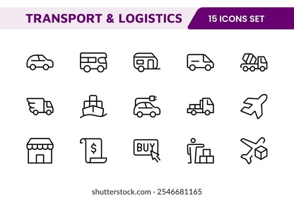 Transport and Logistics Icon Collection. High-Quality Icons for Shipping, Delivery, Freight, Fleet Management, Cargo Handling, and Supply Chain Optimization