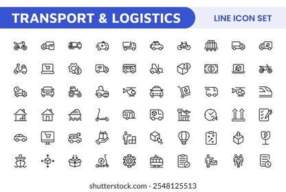 Coleção de Ícones de Transporte e Logística. Ícones de alta qualidade para transporte, entrega, frete, gerenciamento de frota, manuseio de carga e otimização da cadeia de fornecimento