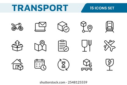 Transport and Logistics Icon Collection. High-Quality Icons for Shipping, Delivery, Freight, Fleet Management, Cargo Handling, and Supply Chain Optimization