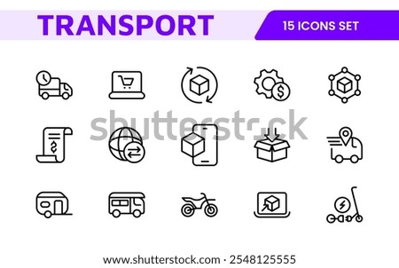 Transport and Logistics Icon Collection. High-Quality Icons for Shipping, Delivery, Freight, Fleet Management, Cargo Handling, and Supply Chain Optimization