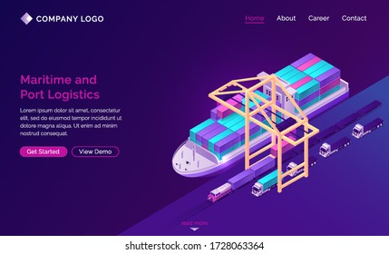 Transport logistics isometric landing page, ship in port with ramp, train and trucks. Delivery service company, cargo and goods export and import over world, industrial business, 3d vector web banner