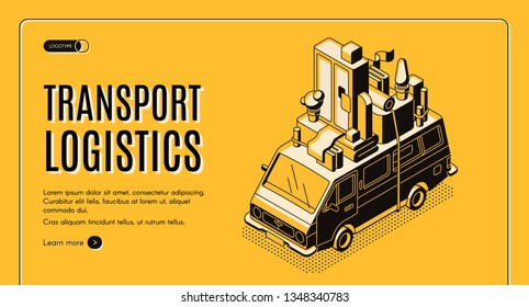 Transport logistics isometric vector web banner with wan transporting home furniture on roof line art illustration. House moving and relocation service, door-to-door removals company landing page