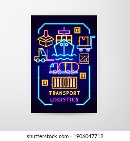 Transport Logistics Neon Flyer. Vector Illustration of Cargo Promotion.