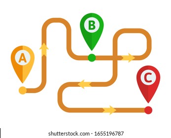 Transport logistics. Logistics planning services. Optimization of cargo transportation route from point A to point B. Business vector illustration, flat design element. Isolated background.