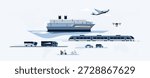 Transport, logistics vector illustration background. Global transportation concept with ship, plane, train, truck, drone on a world map. International shipping, delivery services, urban mobility.