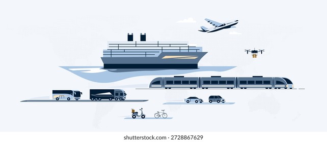Transporte, logística de fondo de la Ilustración vectorial. Concepto de transporte global con barco, avión, tren, camión, drone en un mapa del mundo. Transporte marítimo internacional, servicios de entrega, movilidad urbana.