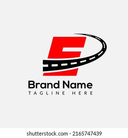 Transport Logo On Letter E Template. Road On E Letter, Initial Transport Sign Concept 