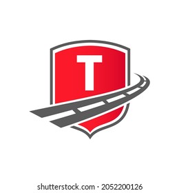 Transport Logo With Shield Concept On Letter T Concept. T Letter Transportation Road Logo Design Freight Template