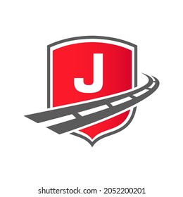 Transport Logo With Shield Concept On Letter J Concept. J Letter Transportation Road Logo Design Freight Template