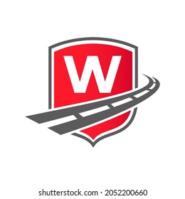 Transport Logo With Shield Concept On Letter W Concept. W Letter Transportation Road Logo Design Freight Template