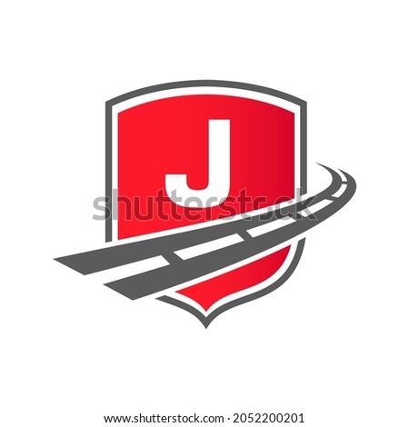 Transport Logo With Shield Concept On Letter J Concept. J Letter Transportation Road Logo Design Freight Template