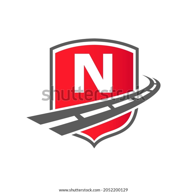 Transport Logo With Shield Concept On Letter N\
Concept. N Letter Transportation Road Logo Design Freight\
Template