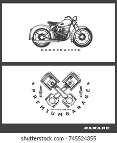 Transport logo, vector illustration of a motorcycle, design of a piston. The concept of a garage. old style