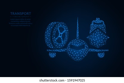 Transport low poly design, plane, ship and wheel wireframe mesh polygonal vector illustration made from points and lines on dark blue background