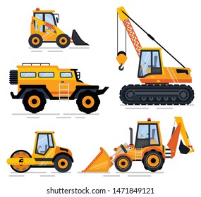 Transport and machinery set vector, isolated truck and crane. Construction equipment bulldozer and excavator, repairing and building elements machine. Flat cartoon