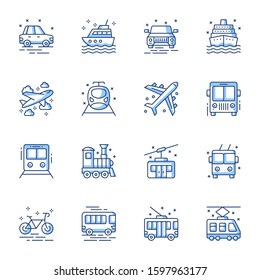 Transport mean linear vector icons set. Passenger vehicles, public bus, metro, tram contour symbols isolated pack. Ship, car, airplane. Urban automobile, traffic thin line illustrations collection