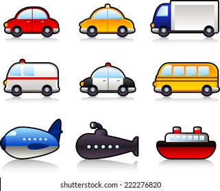 Transport means: with car, taxi, truck, lorry, bus, police car, ambulance, school bus, submarine, airplane, ship. Vector illustration cartoon. 