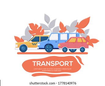 Transport means concept flyer, web banner, ui header, enter site.  Modern illustration slider site page. Vector design image. Grain texture and noise effect. Place for text, place for copying.