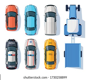 Transport means semi flat RGB color vector illustrations set. Police patrol auto. Tractor with trailer. Emergency transportation. Different cars isolated cartoon objects top view on white background