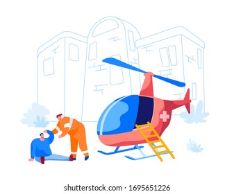 Transport for Medical Personnel Concept. Rescuer Character Help Injured Man on Street. Emergency Helicopter Ambulance Parked near First Aid Department in Hospital. Cartoon People Vector Illustration