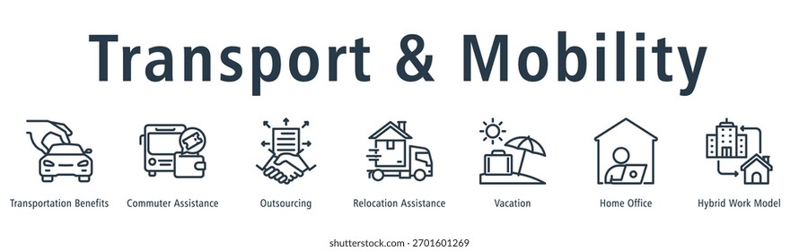 Transport- und Mobilitätsbanner Web-Symbol Vektorgrafik-Konzept mit Symbol für Transportleistungen, Pendlerunterstützung, Outsourcing, Umzugshilfe, Urlaub und Home Office