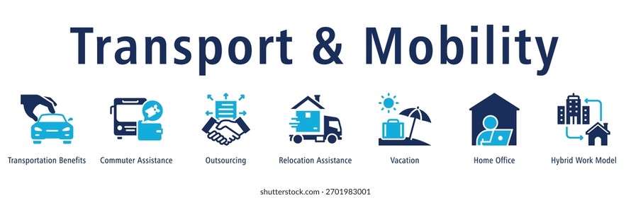 Transport und Mobilität Web-Banner Symbol Vektorgrafik-Konzept mit Symbol der Transport Vorteile, Pendler-Unterstützung, Outsourcing, Umzug Hilfe, Urlaub und Home Office.