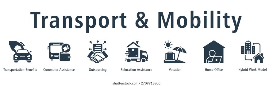 Transport und Mobilität Web-Banner Symbol Vektorgrafik-Konzept mit Symbol für Transport Vorteile, Pendlerunterstützung, Outsourcing, Umzugshilfe, Urlaub, und Home Office