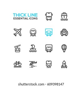 Transport - modern vector single thick line icons set. Bus, ship, plane, train, truck, taxi, tram, sailor, van, balloon, bicycle, helicopter, rocket